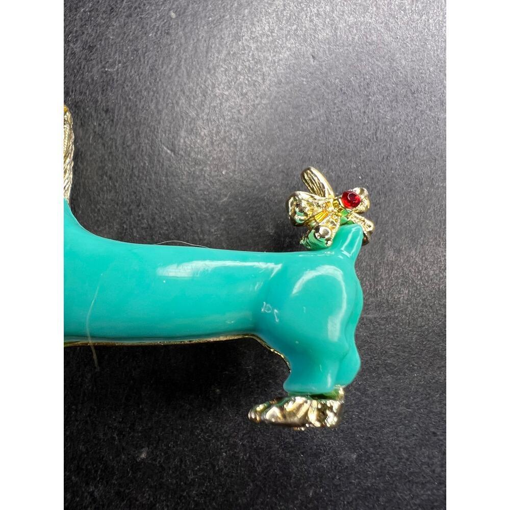 Vintage Gold Tone Dachshund Brooch Turquoise Lucite Rhinestones - Picture 3 of 9